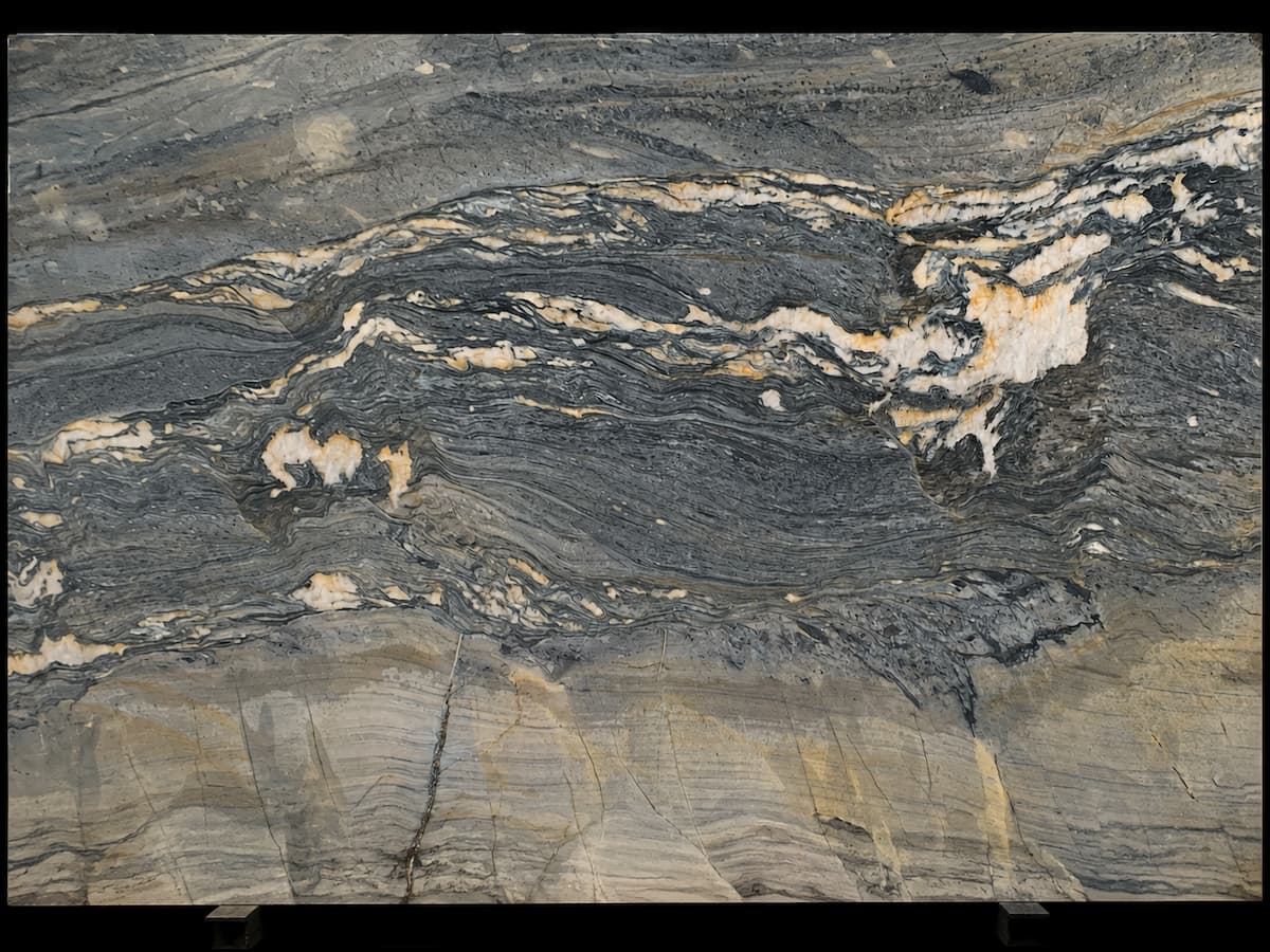 Santorini Quartzite with pale white blue-grey and warm gold-brown natural mineral movement