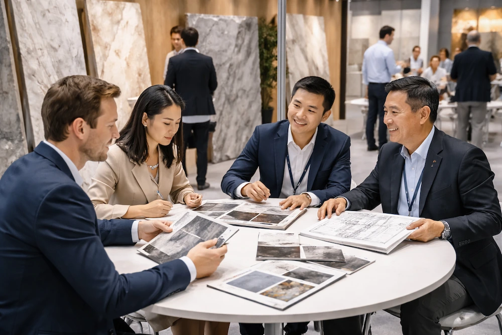 International buyers meeting stone supplier at Xiamen Stone Fair discussing marble samples and project plans