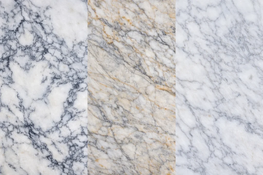Comparison of marble slab grading showing variation in veining and color tone