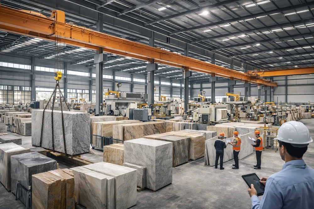 Stone factory production line in China with slab cutting machinery and quality control inspection