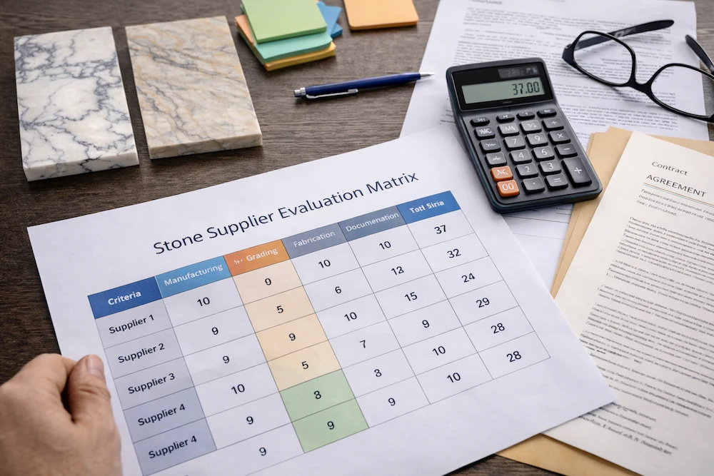 Stone supplier evaluation matrix and procurement planning documents on desk