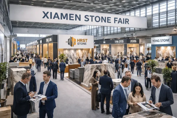 Xiamen Stone Fair 2026 exhibition hall with international buyers and stone supplier booths