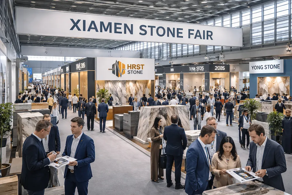 Xiamen Stone Fair 2026 exhibition hall with international buyers and stone supplier booths