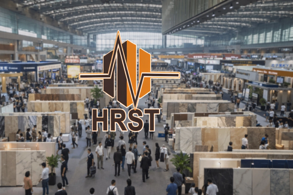 Xiamen Stone Fair 2026 exhibition hall overview with international stone suppliers and HRST STONE branding