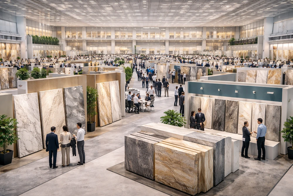 Marble and quartz displays at Xiamen Stone Fair 2026 exhibition hall