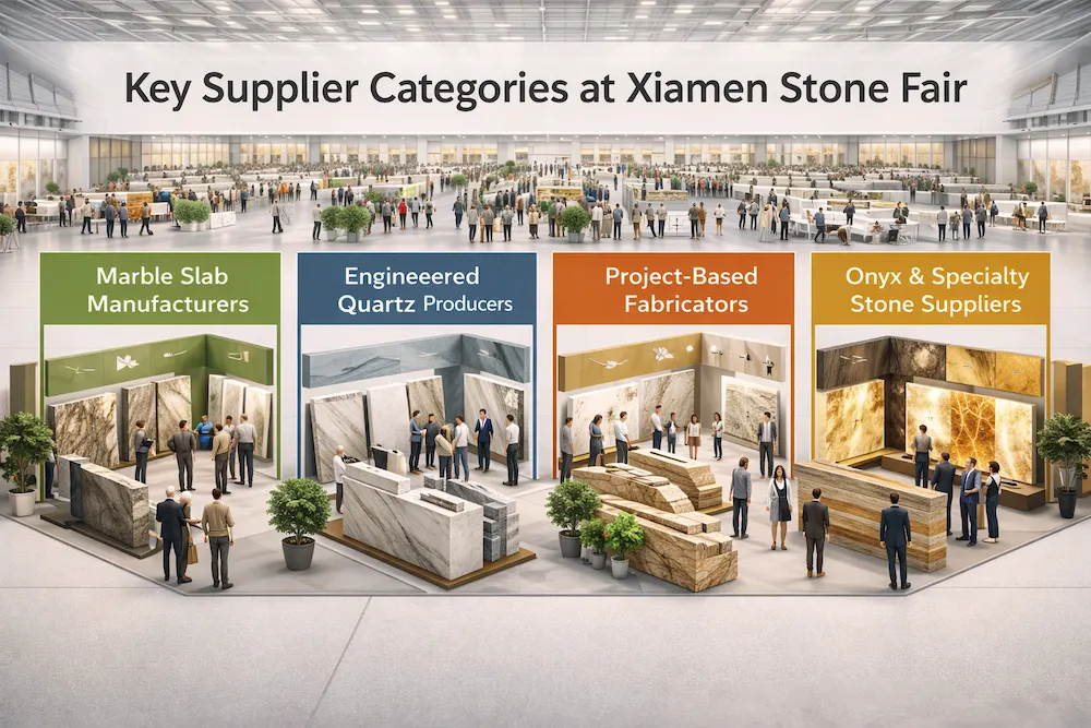 Key supplier categories at Xiamen Stone Fair including marble quartz project fabrication and specialty stone