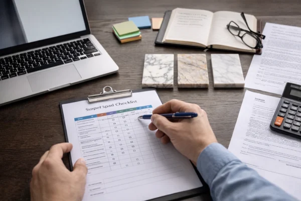 Global buyer reviewing stone supplier checklist and marble samples at trade fair