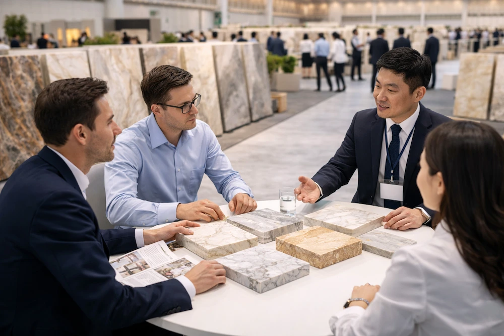 International buyers meeting stone suppliers at Xiamen Stone Fair 2026 discussing marble samples