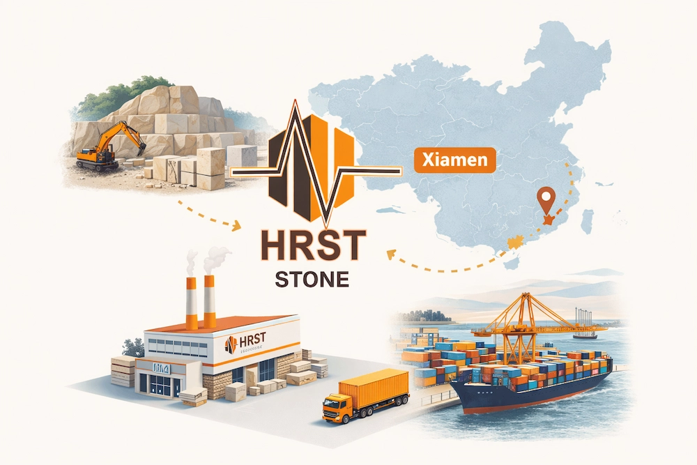Xiamen stone supply chain logistics including quarry, factory production and export port operations
