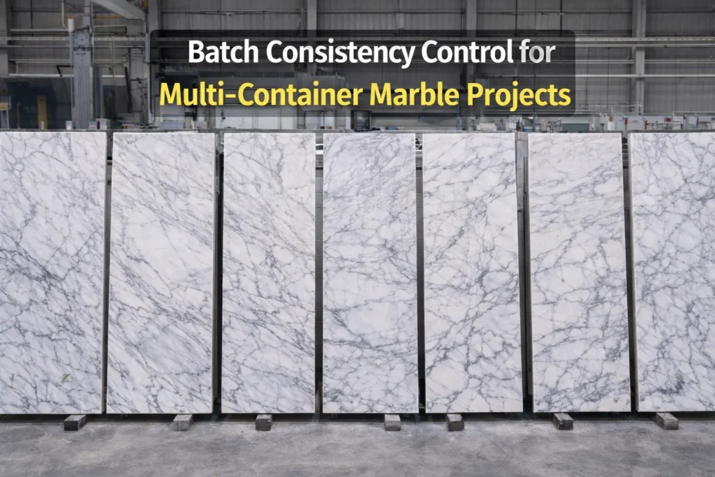 Batch consistency control for multi-container marble projects with same quarry block slabs arranged in factory