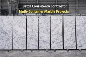 Batch consistency control for multi-container marble projects with same quarry block slabs arranged in factory