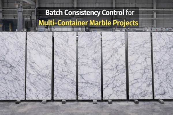 Batch consistency control for multi-container marble projects with same quarry block slabs arranged in factory