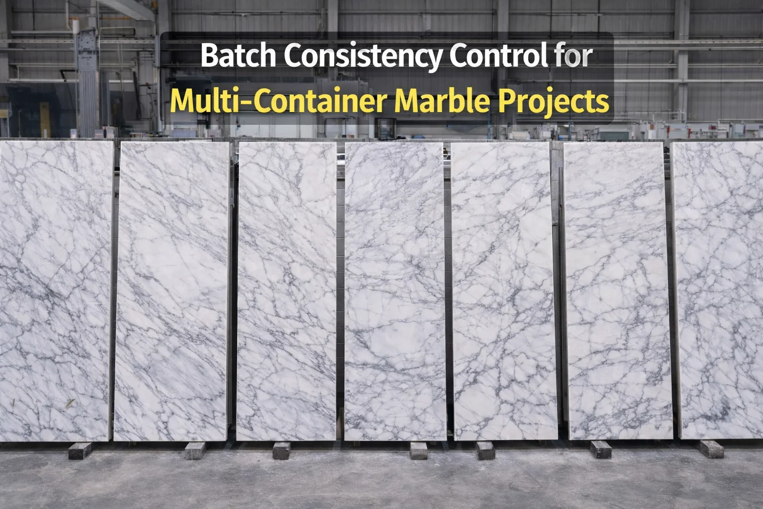 Batch consistency control for multi-container marble projects with same quarry block slabs arranged in factory