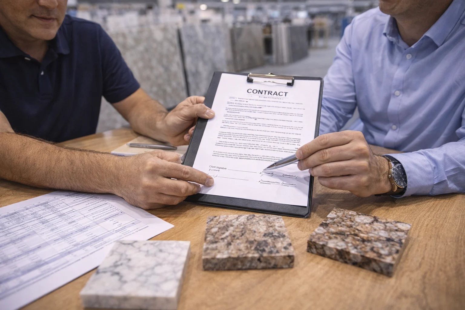 Buyers discussing marble order directly inside stone factory before project confirmation