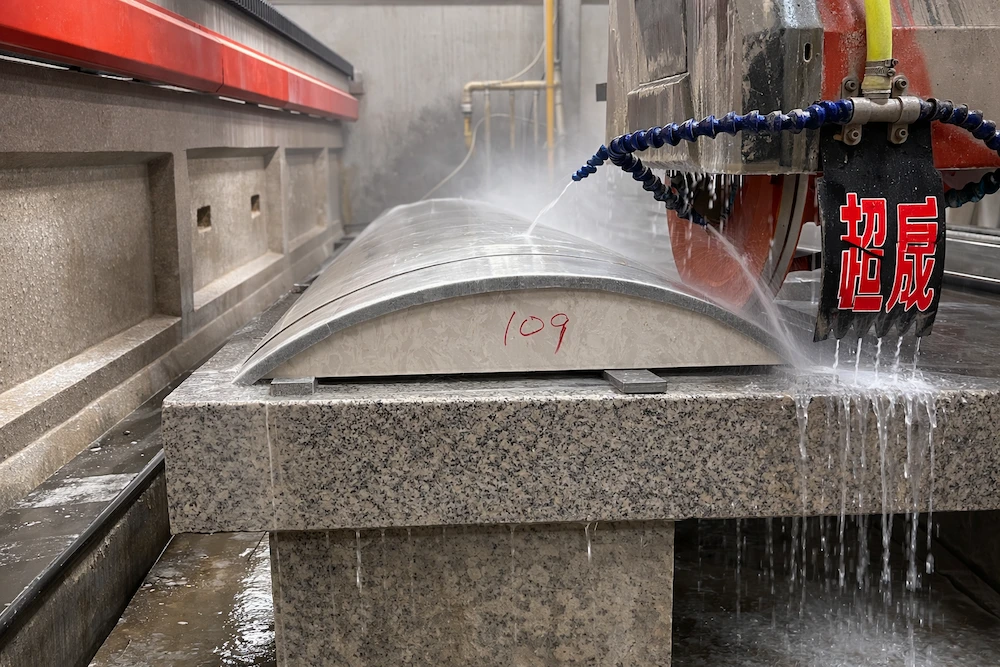CNC machine carving curved marble panels in factory