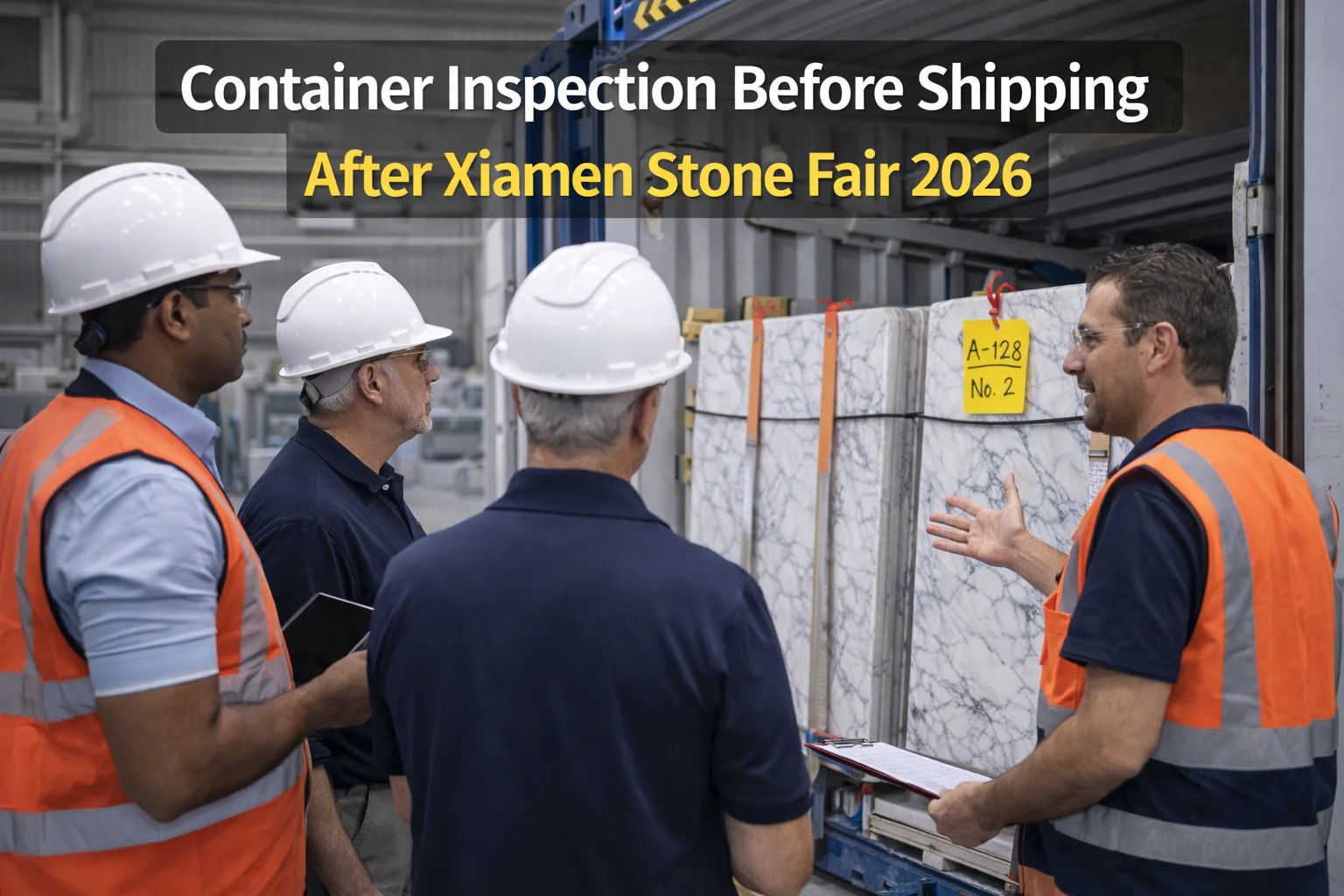 Container inspection before shipping marble slabs for large project after factory quality control