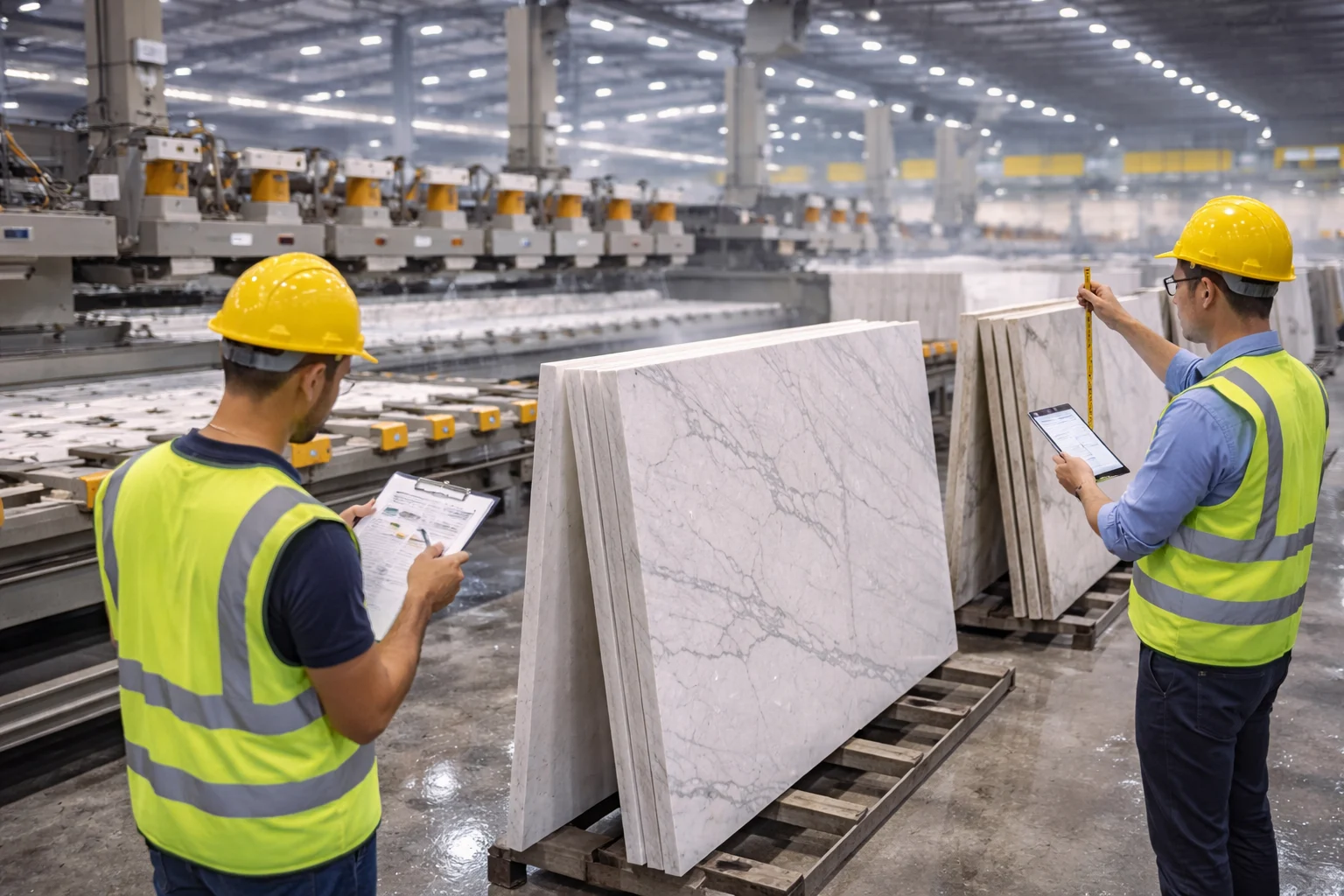 Direct manufacturer production control in marble factory with slab cutting and polishing line