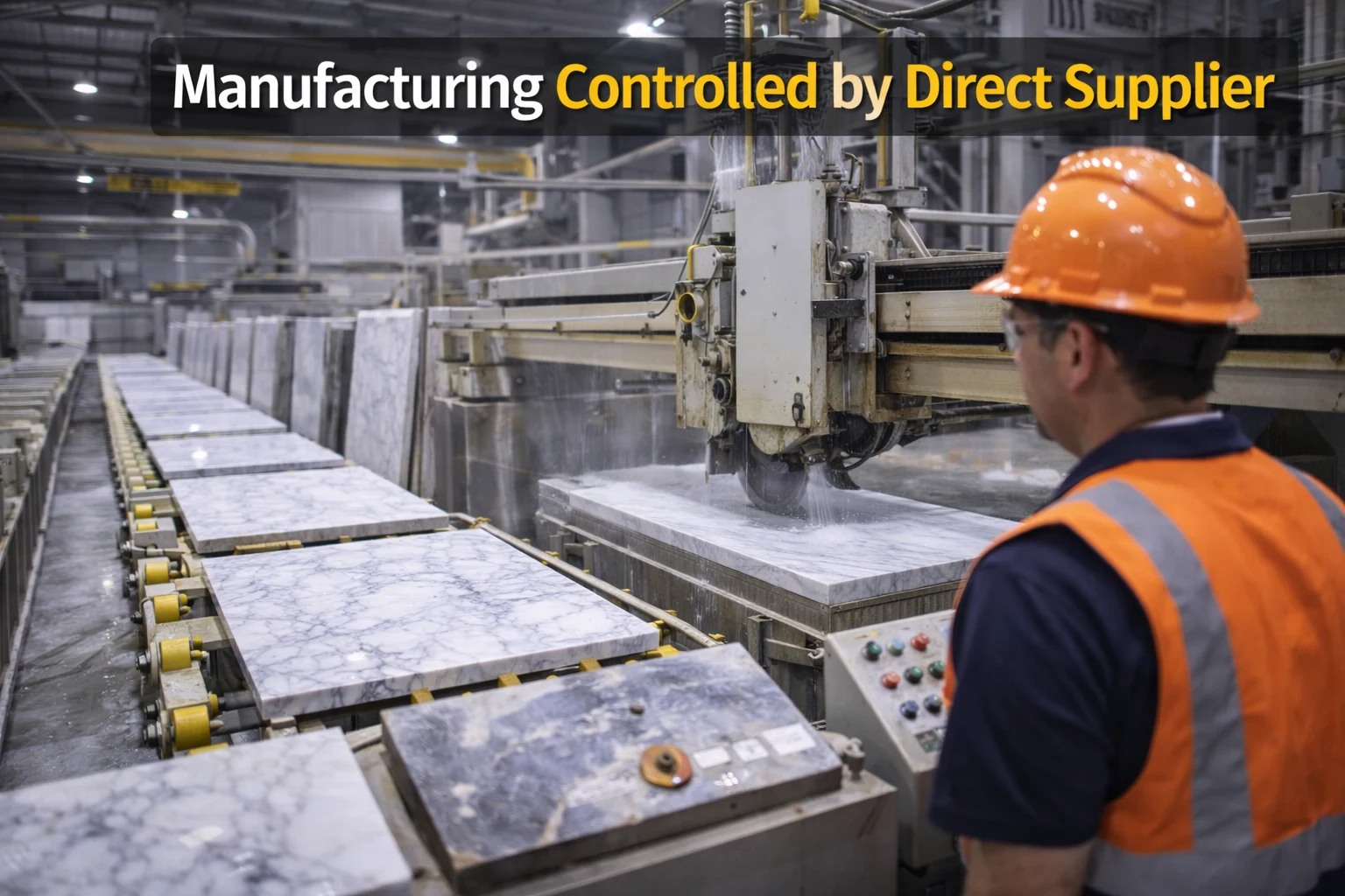 Direct manufacturer production control in marble factory with slab cutting line