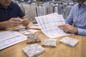 Global stone buyers reviewing supplier contacts and material samples after Xiamen Stone Fair 2026