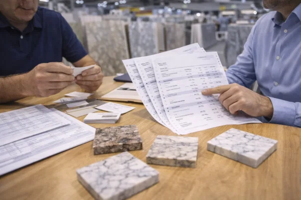 Global stone buyers reviewing supplier contacts and material samples after Xiamen Stone Fair 2026