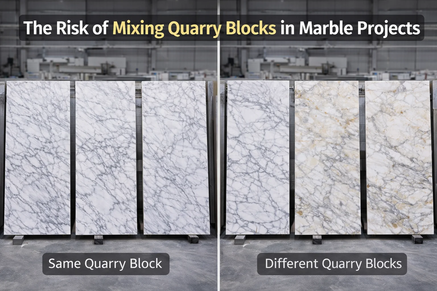 Comparison of same quarry block and different quarry block marble slabs showing visual risk in large projects
