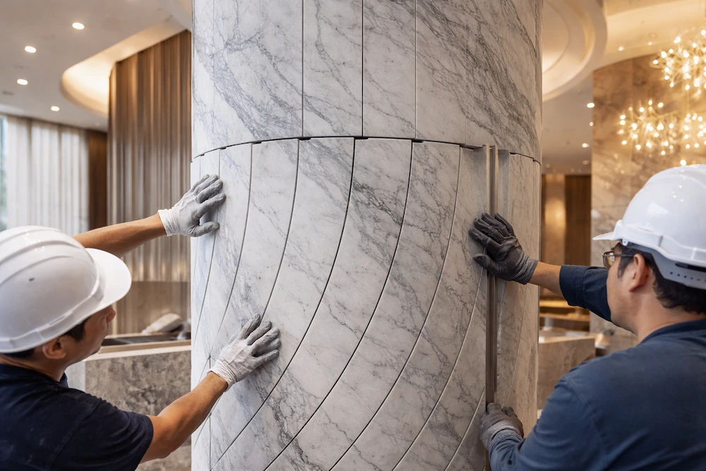 segmented curved marble panels installed on column