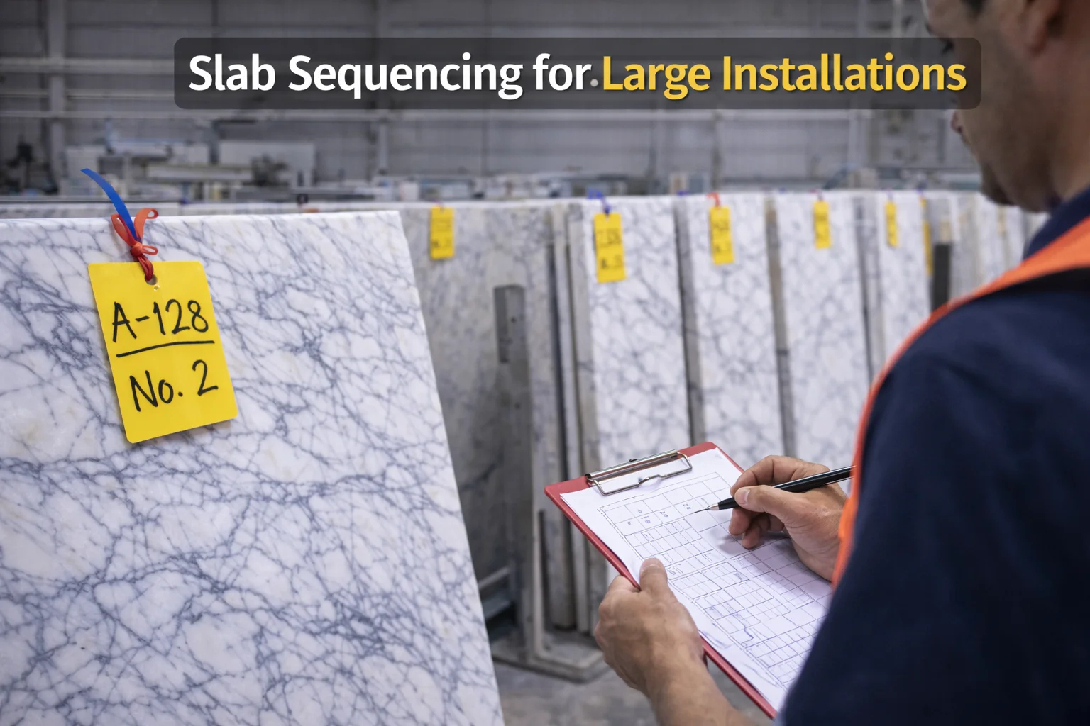 Slab sequencing for large installations with marble slab tags and production sequence control in factory