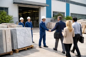 International buyers arriving at a stone factory in China for supplier inspection