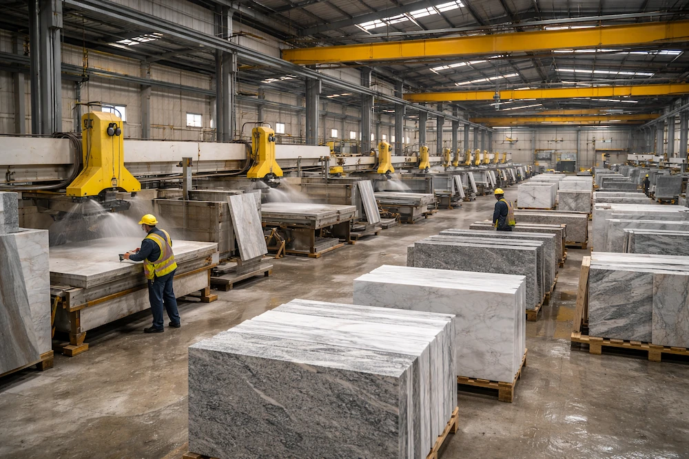 Stone slab production workshop with cutting and polishing machines