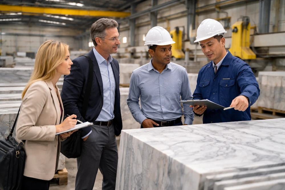 International buyer discussing stone project with factory engineer