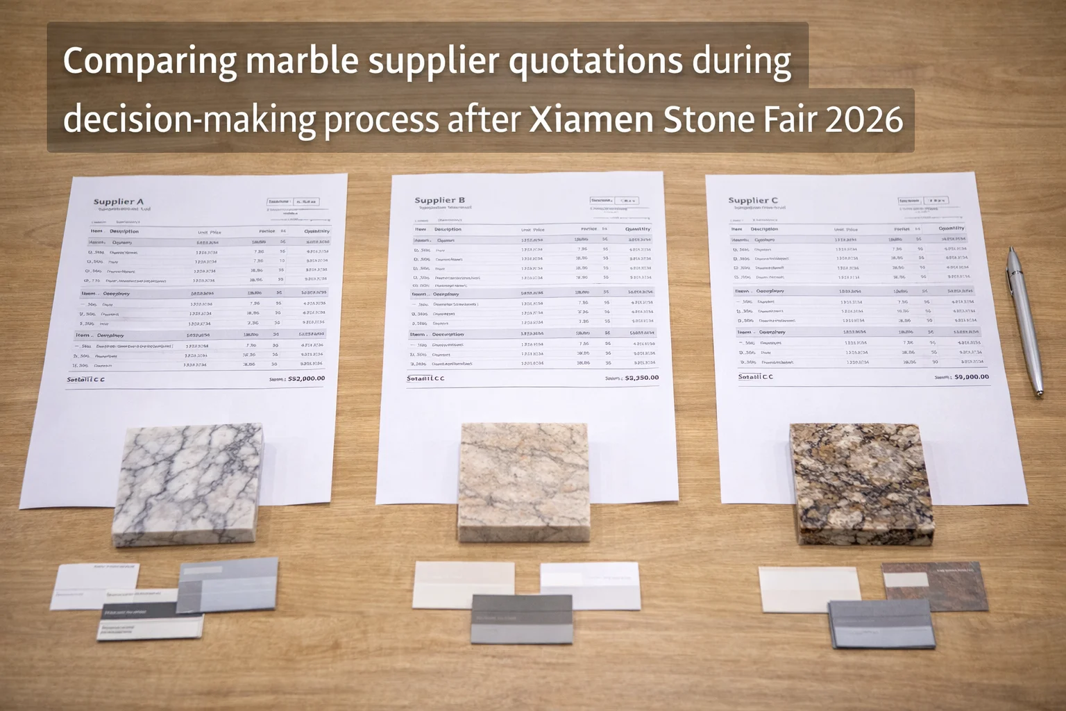 Trading company discussion with buyers reviewing marble samples before supplier selection