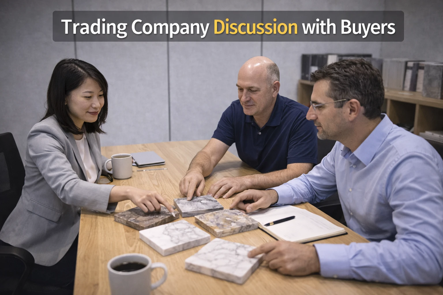 Trading company discussion with buyers reviewing marble samples before supplier selection