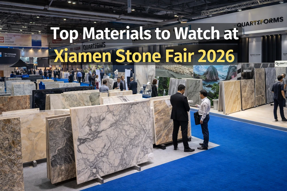 Global buyers visiting exhibitors at Xiamen Stone Fair 2026 exploring natural stone materials