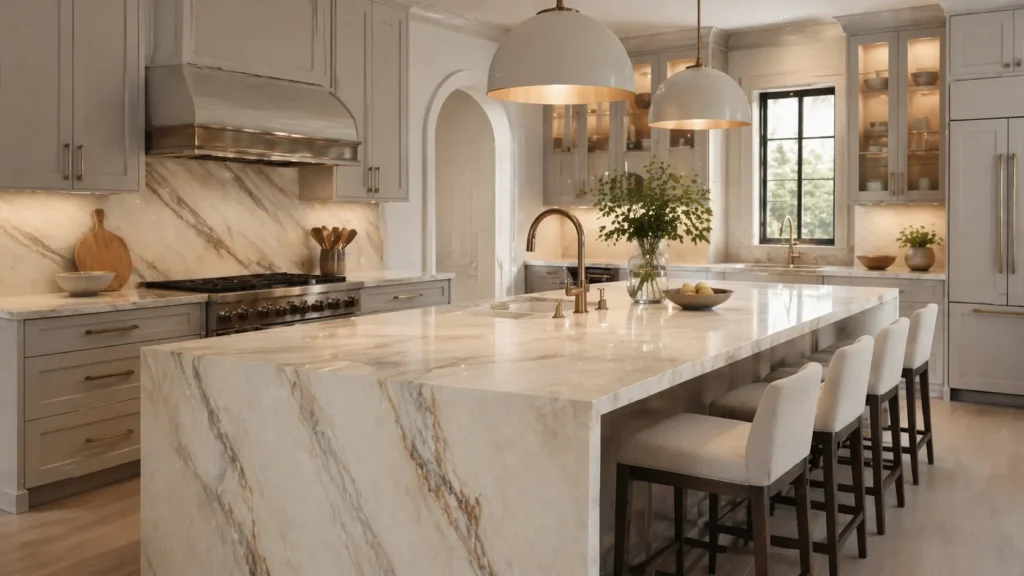 Qu’est-ce que le quartzite pour les plans de travail de cuisine dans une cuisine moderne de luxe avec un îlot en quartzite ?