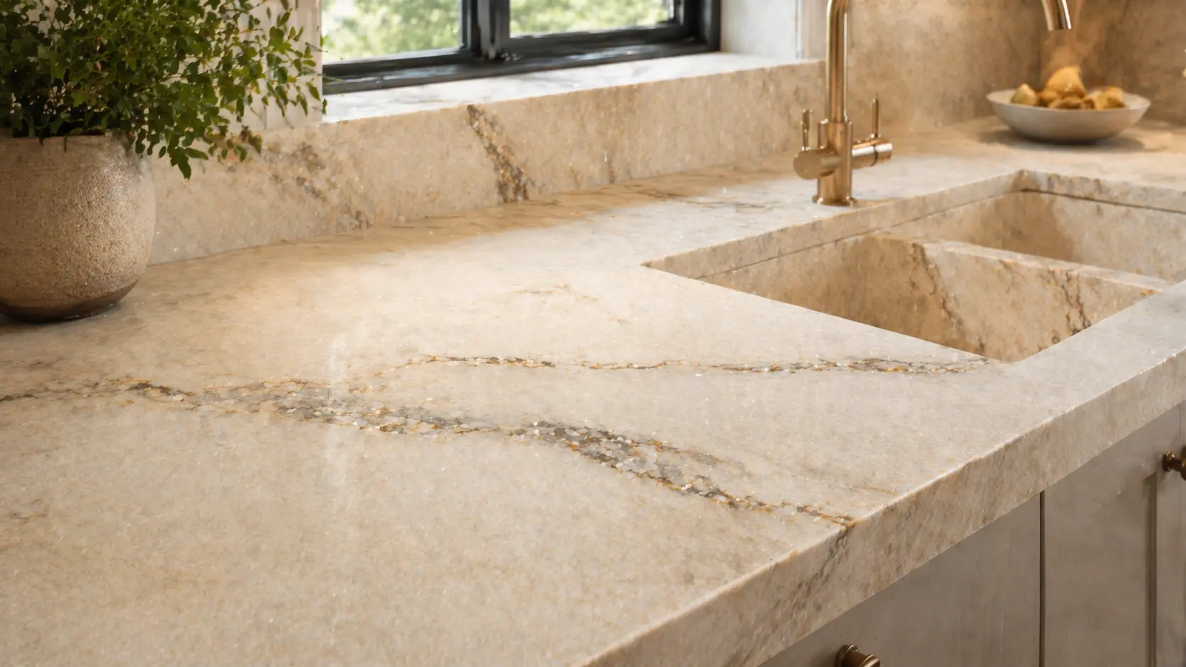Taj Mahal style quartzite countertop detail in a bright kitchen with refined natural stone texture