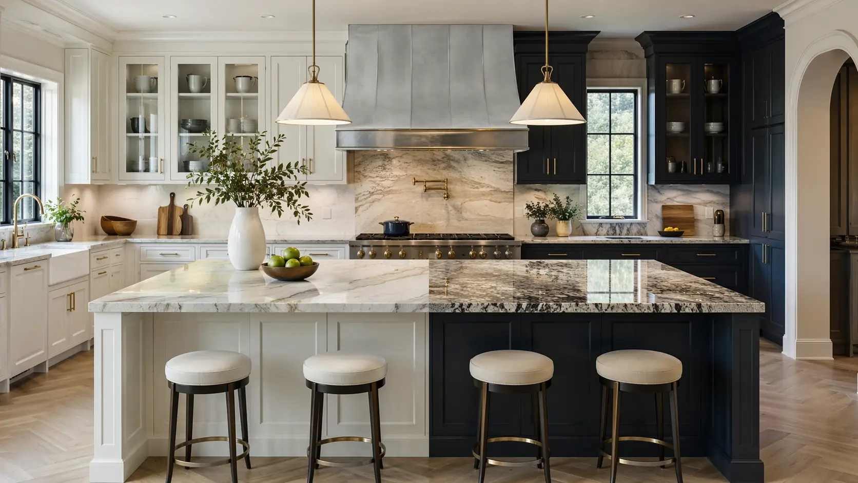 مقارنة بين الكوارتزيت والغرانيت لأسطح المطبخ في مطبخ سكني فاخر