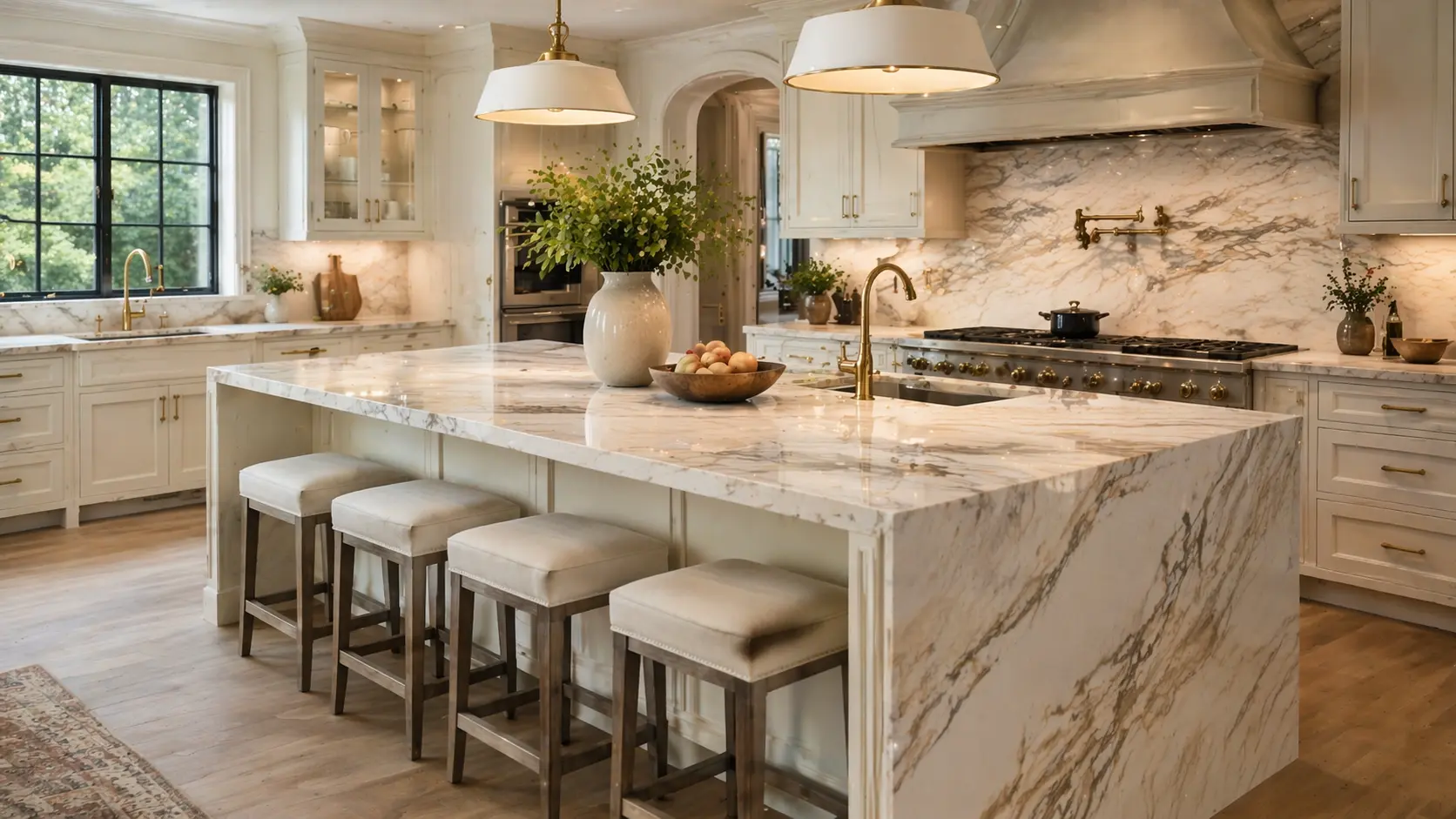 أسطح مطبخ من الكوارتزيت ذات عروق طبيعية انسيابية في مطبخ حديث فاخر