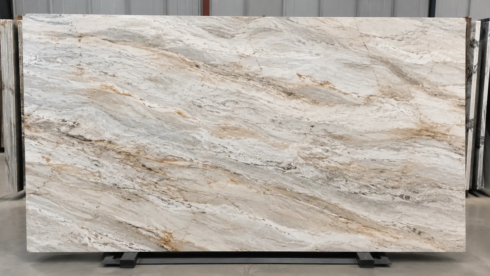 Full quartzite slab selection showing color and pattern variation for kitchen countertops