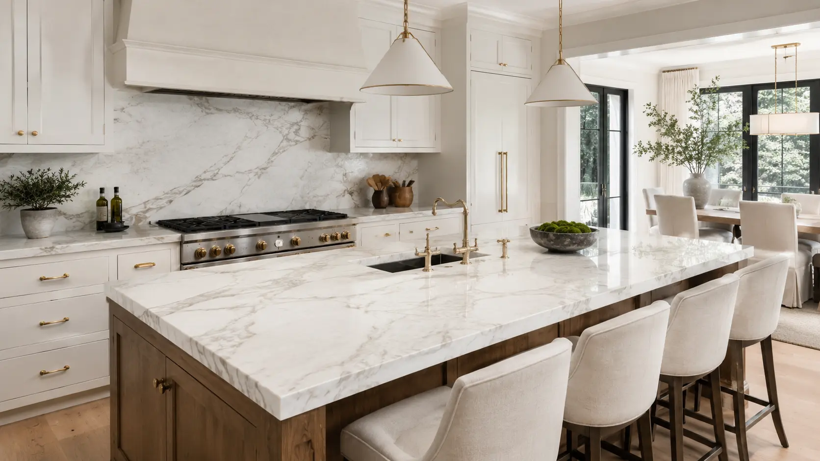 White and off-white quartzite kitchen countertops in a bright luxury kitchen