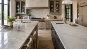 Polished vs honed quartzite for kitchen countertops in a luxury modern kitchen