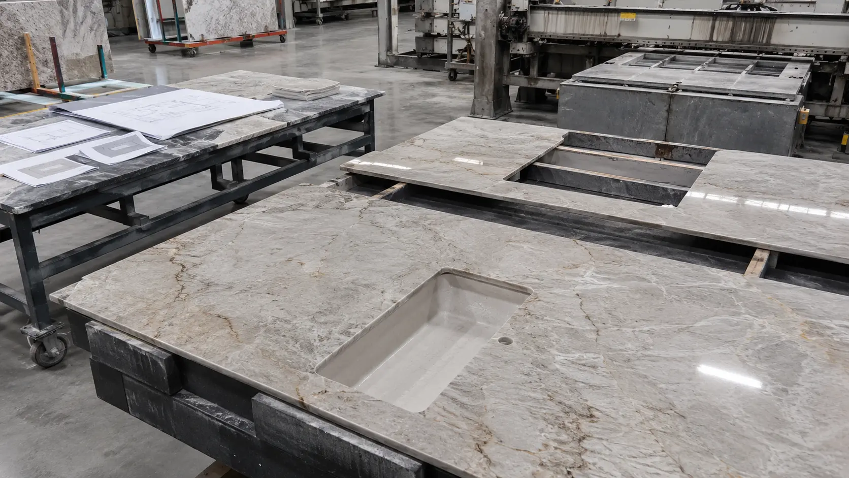 Quartzite countertop fabrication process with dry lay planning and cutout preparation