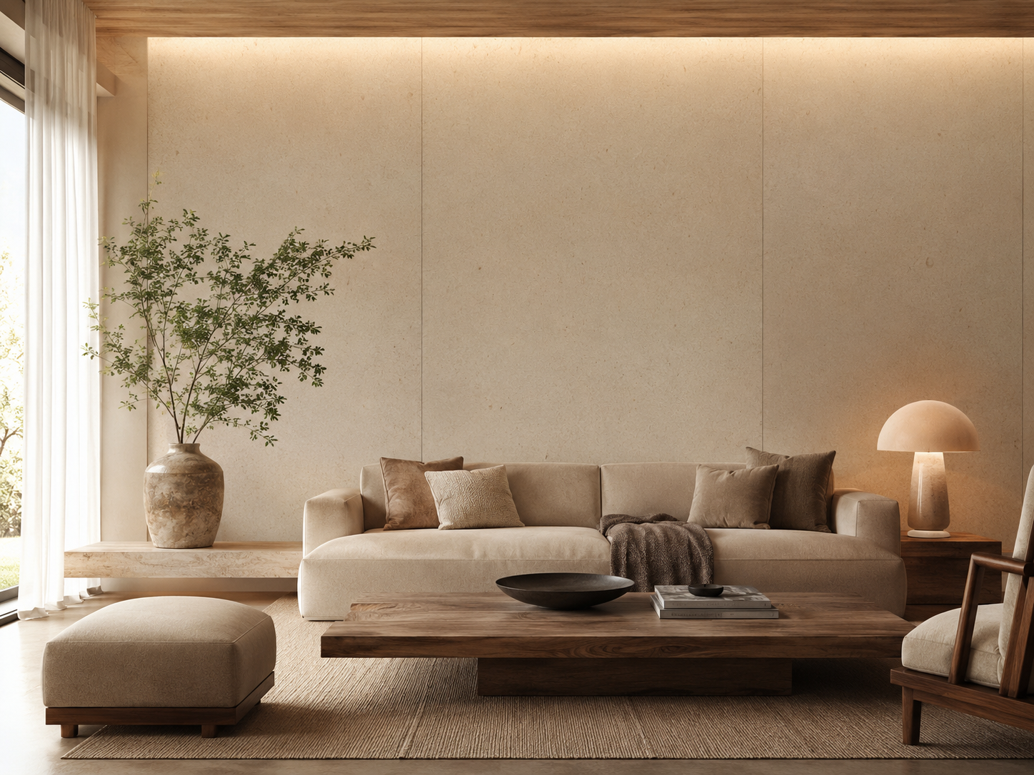 Porto Beige Limestone Living Room Wall Porto Beige wall in a warm contemporary living room
