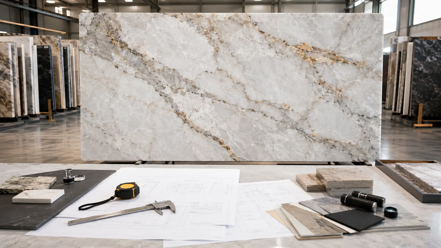 Natural quartzite procurement guide with full slab, project drawings, samples, and inspection tools