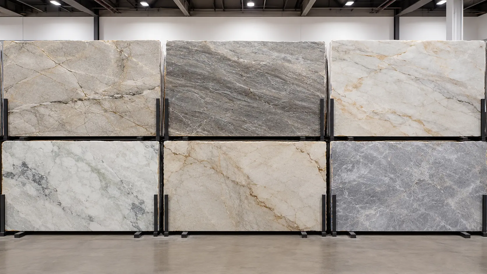 Natural quartzite slab selection and comparison showing different colors, veins, and mineral patterns
