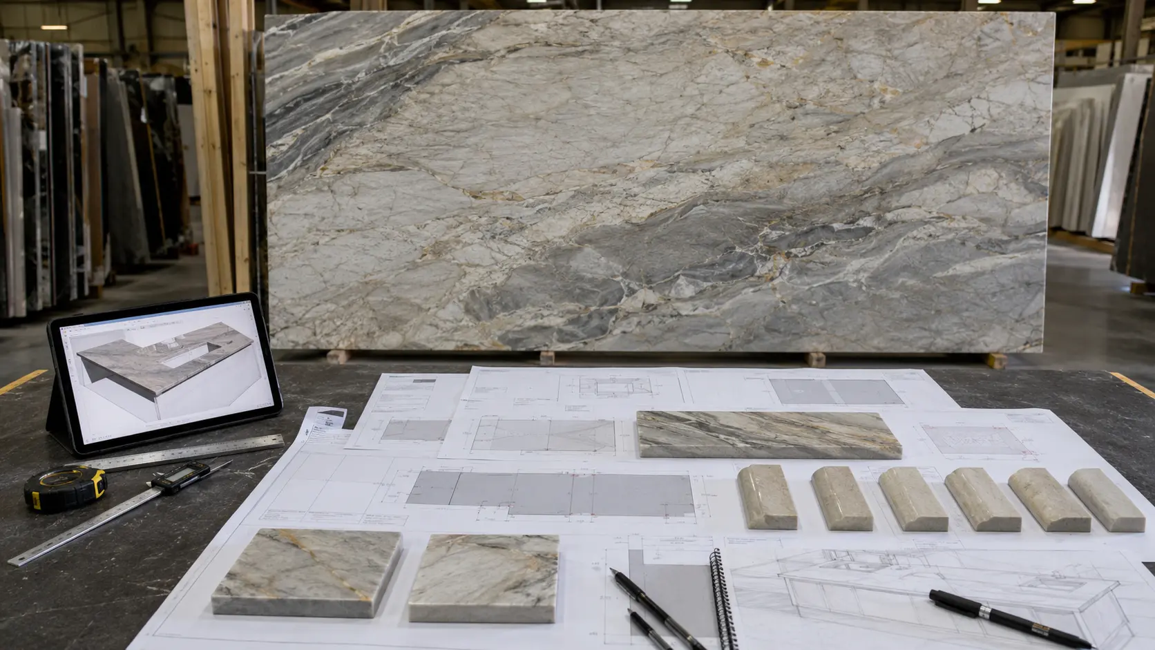 Quartzite CAD shop drawing review and slab layout planning for custom fabrication
