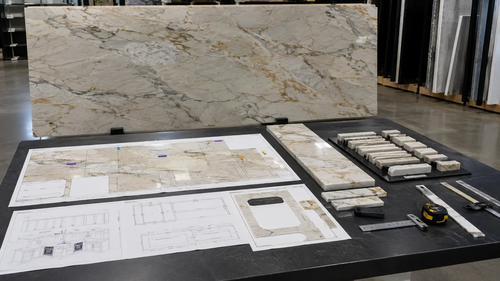 Quartzite countertop fabrication and dry layout quality inspection before shipment