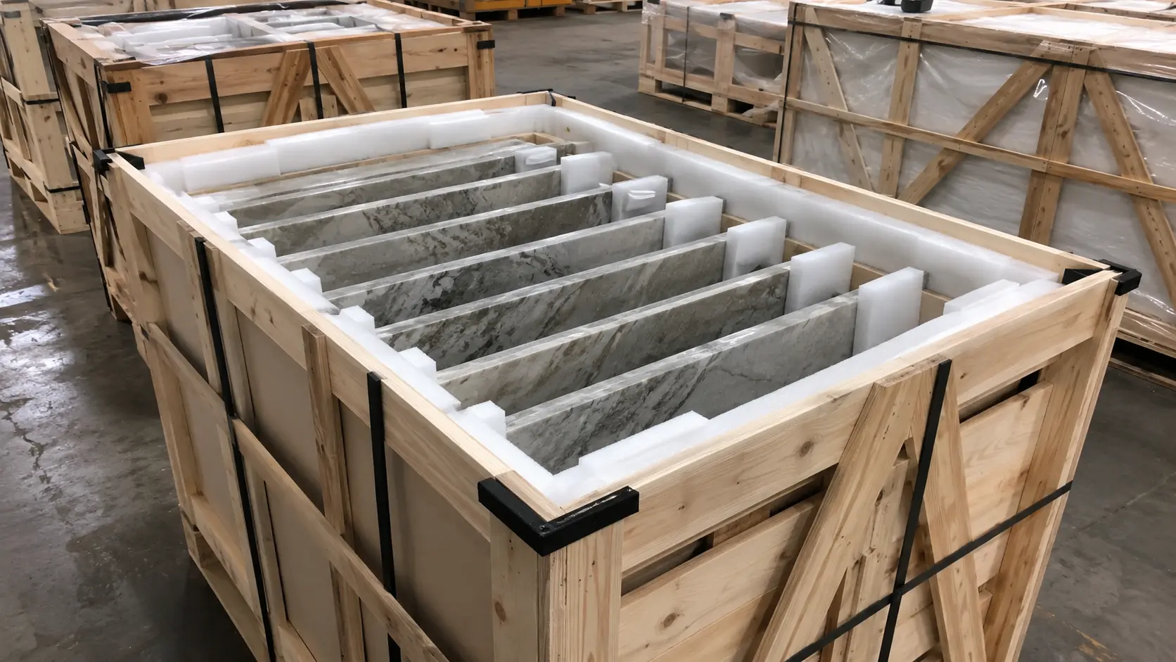 Export packaging protection for quartzite slabs using reinforced wooden crates