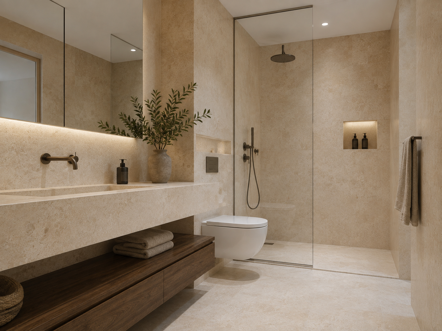 Porto Beige Limestone floor in a warm beige bathroom