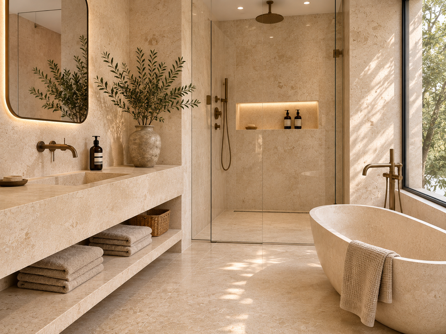 Porto Beige Limestone bathroom surface finish detail