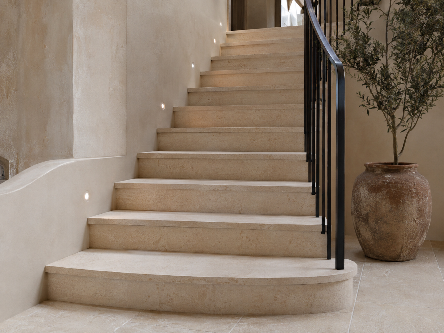 Porto Beige Limestone stair treads risers and landing design